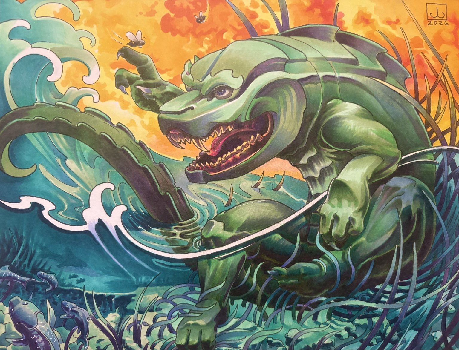 Green creature in blue-green water
