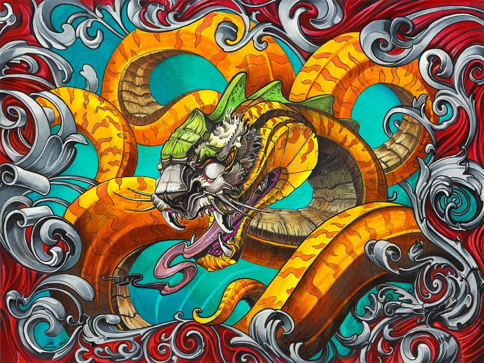 Orange dragon surrounded by silver ornament