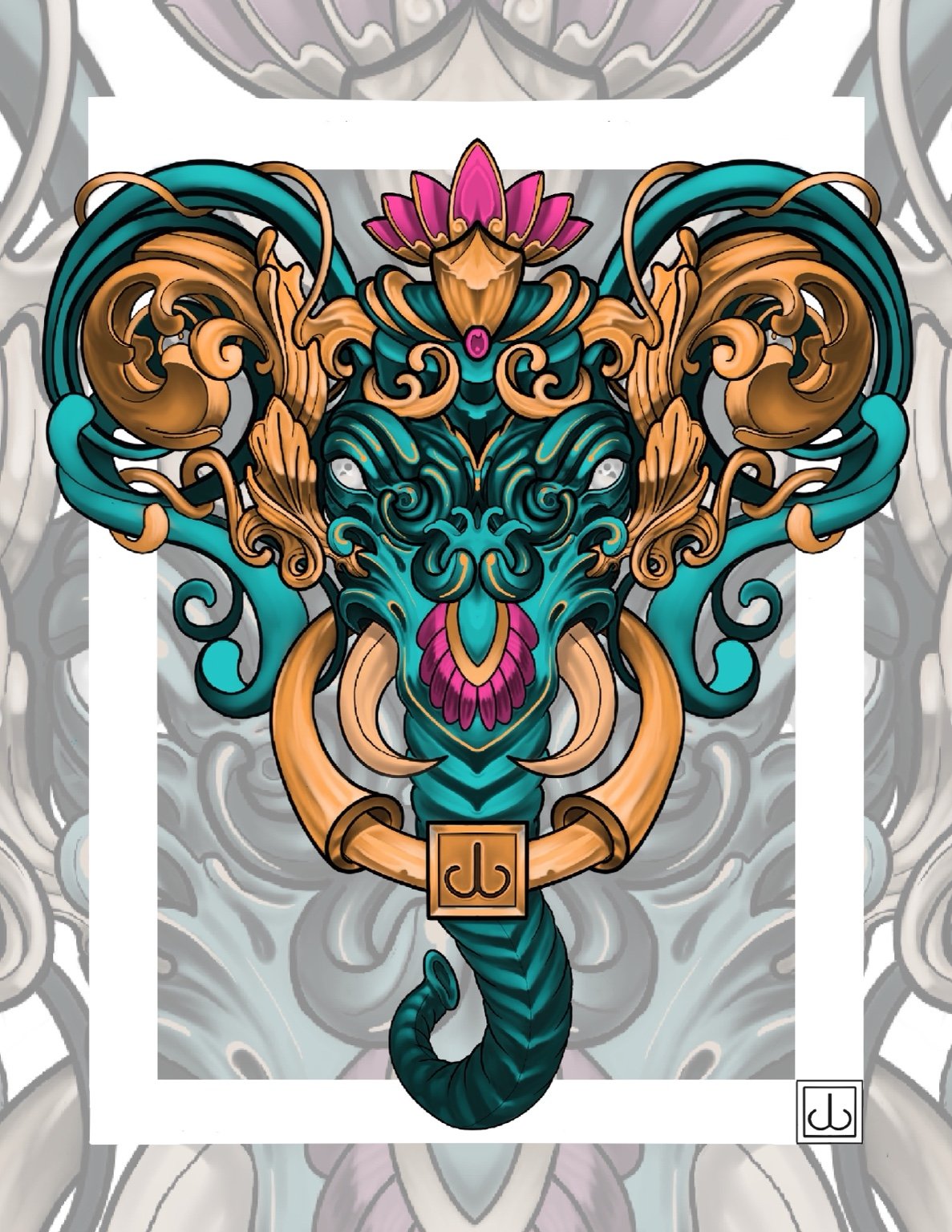Ornamental teal and gold elephant