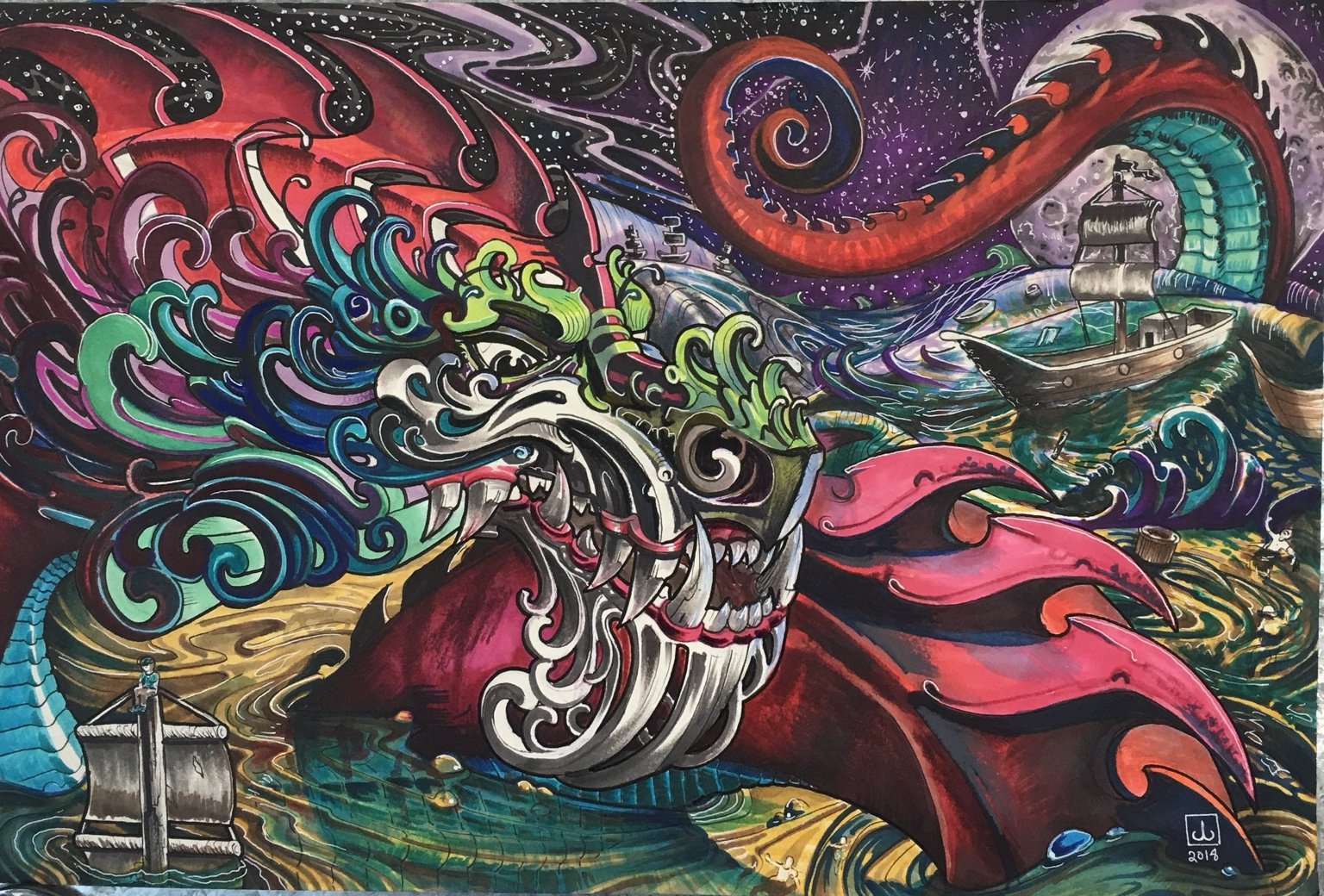 Finished sea monster and sailing ship in swirling waves