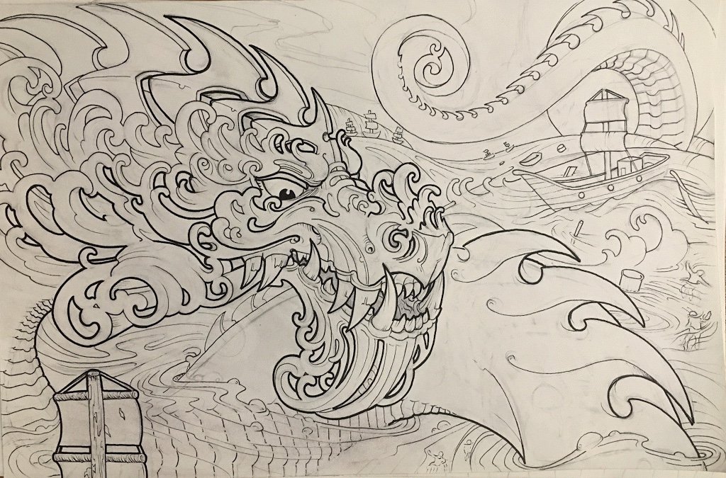 Linework sketch of a sailing ship and sea monster